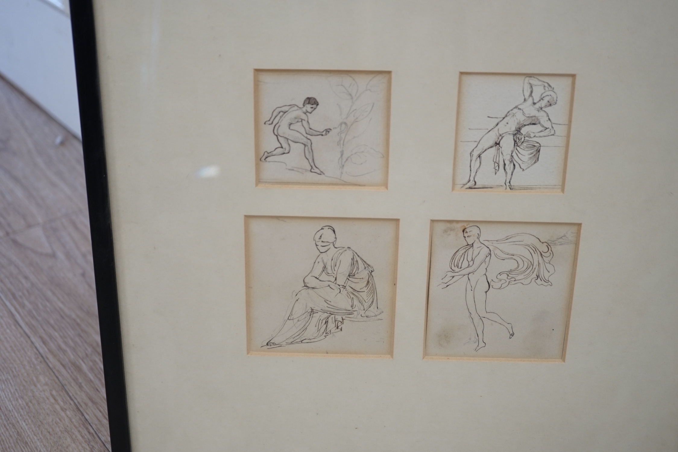 Attributed to William De Morgan (1839-1917), four pen and ink sketches of classical figures, largest 8 x 8cm, framed as one